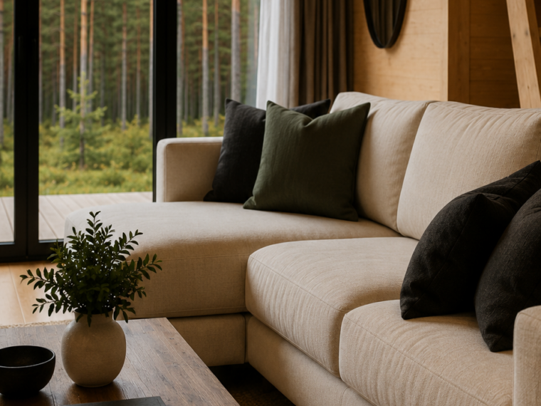 Jasna narożna sofa z ciemnozielonymi i czarnymi poduszkami w drewnianym salonie. Przed nią stoi prostokątny stolik z drewnianym blatem i czarną metalową podstawą, ustawiony na plecionym dywanie. Duże przeszklenie z czarnymi ramami otwiera widok na sosnowy las, a po prawej widać owalne czarne lustro i drewnianą drabinę prowadzącą na antresolę.