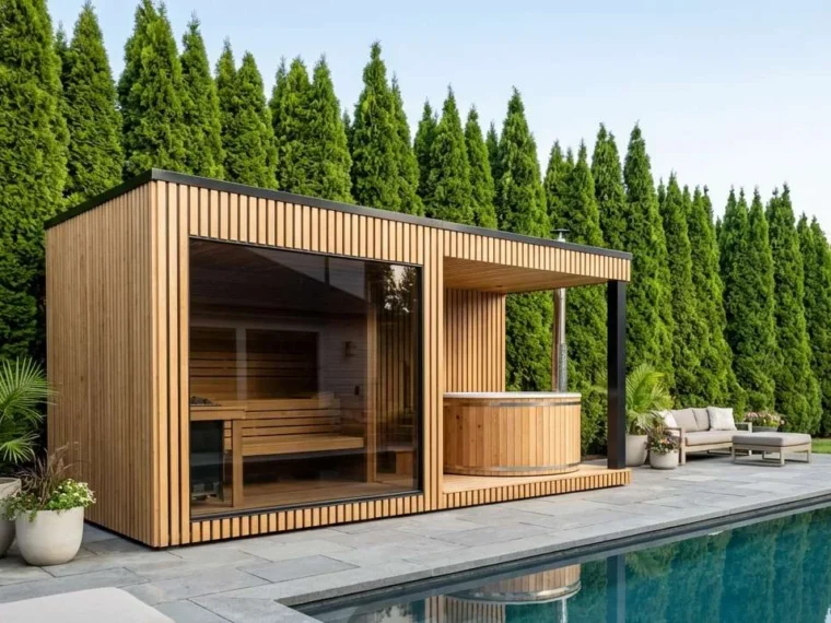 Luksusowa sauna ogrodowa Caldera zintegrowana z gorącą balią pod zadaszeniem, wykończona drewnem ThermoWood.