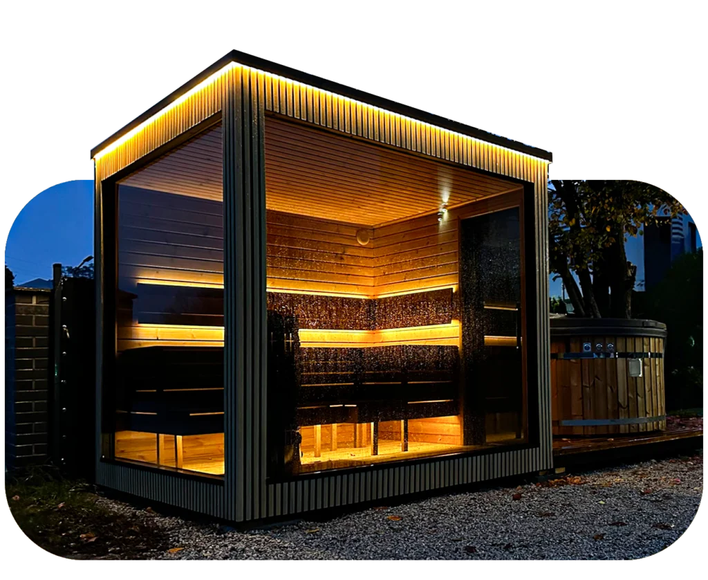 Sauna z podświetleniem led i jacuzzi w nocy