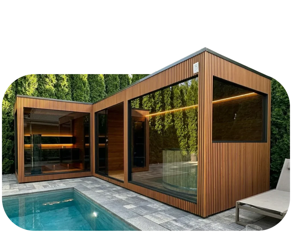 Sauna z podświetleniem led i jacuzzi w przy basenie
