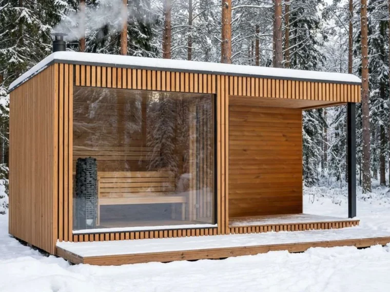 Sauna ogrodowa Havena z szerokim, otwartym zadaszeniem do relaksu i elewacją z odpornego kompozytu.